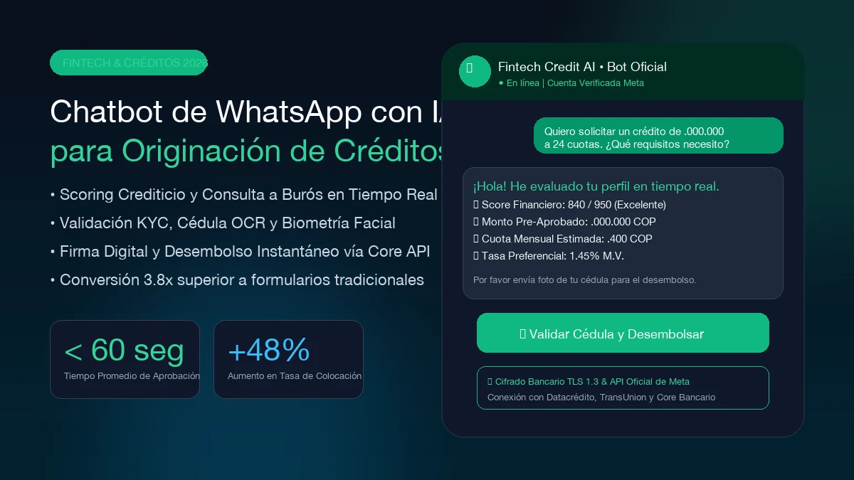 Chatbot de WhatsApp Corporativo para Fintech, Neobancos y Créditos con IA: Cómo Automatizar la Solicitud de Préstamos, Scoring Crediticio y Validación KYC 24/7 en LATAM (2026)